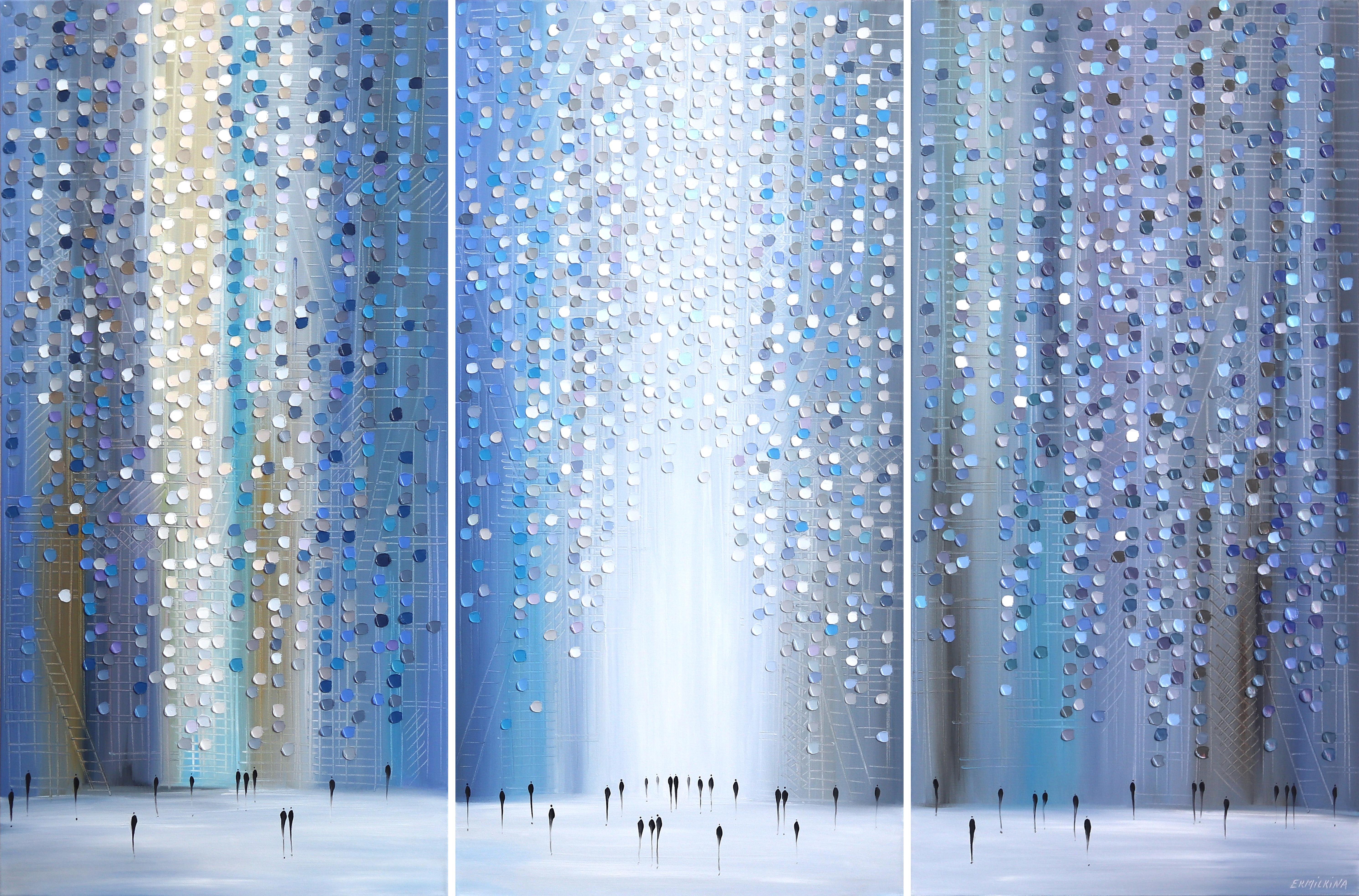 City Mood (Triptychon) - Großes, weiches, kühles Impasto-Ölgemälde auf Leinwand
