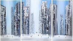 City Pulse - Figurative Abstract Textured Impasto City Triptych Oil Painting