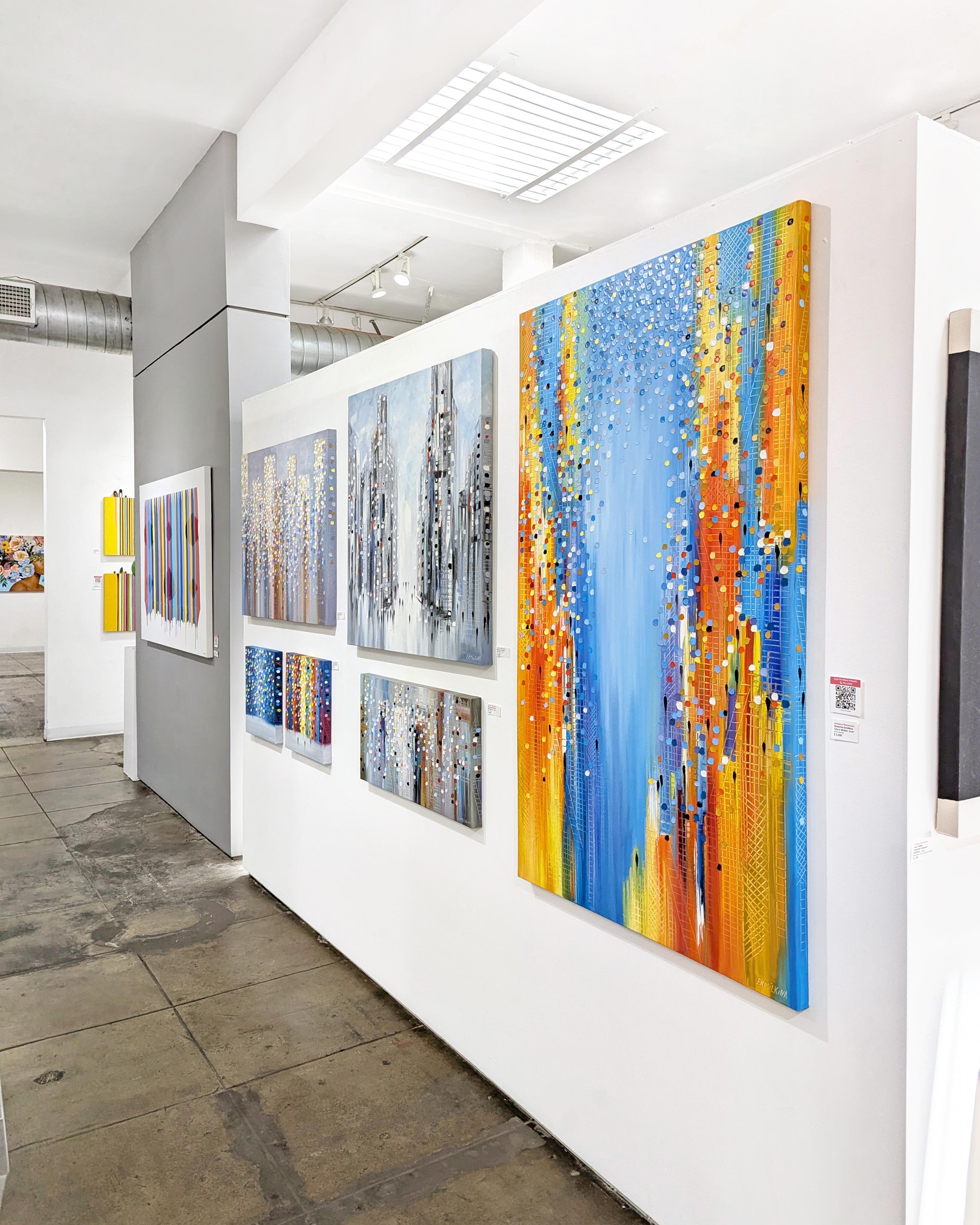Dreamy Day - Buntes Impasto Abstrakte Stadtszene Texturiertes Ölgemälde im Angebot 4