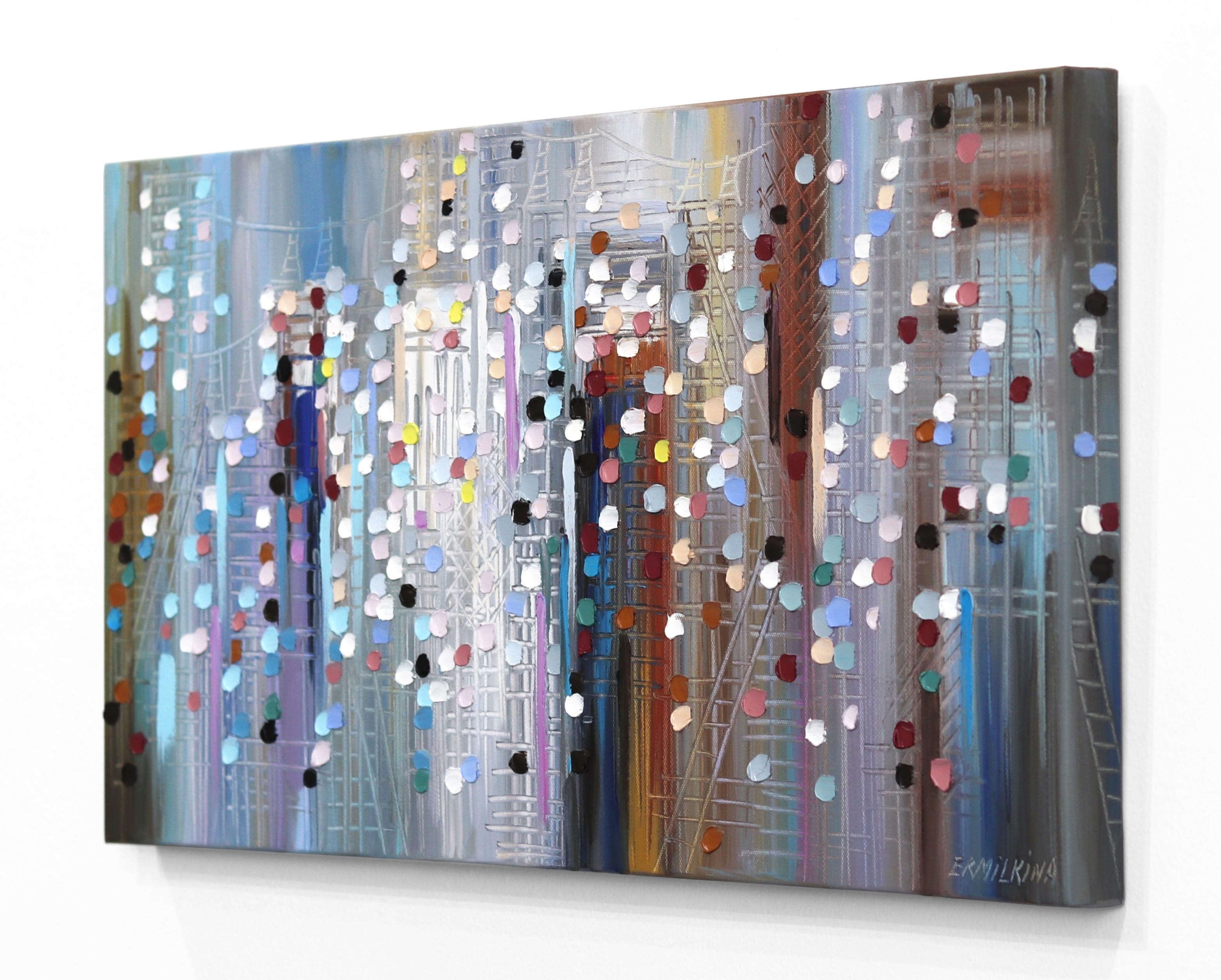 Dreamy Day - Colorful Impasto Abstract City Scene Textural Oil Painting For Sale 2