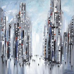 Jam City - Peinture à l'huile originale de paysage abstrait - paysage urbain sur toile