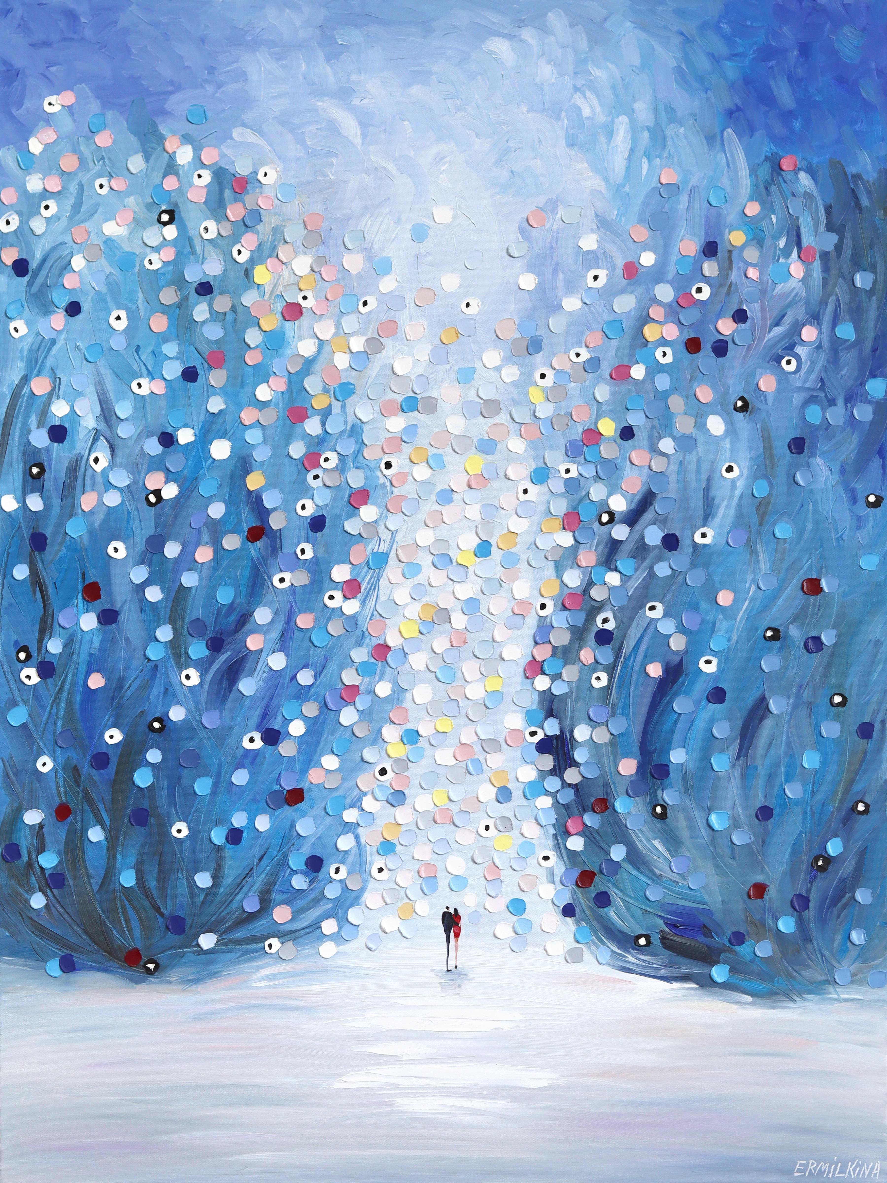 Love Loves Silence - Peinture abstraite figurative à l'empâtement texturé dans les tons bleus
