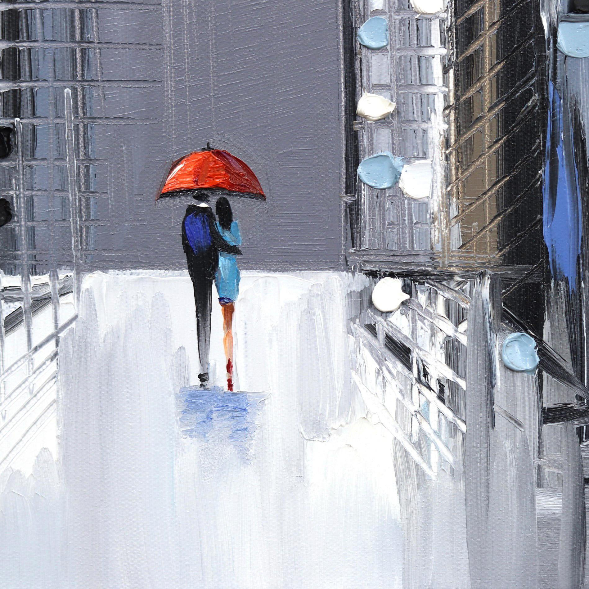 Lover's Date  - Original Oil Painting Couple with Umbrella in the City For Sale 6