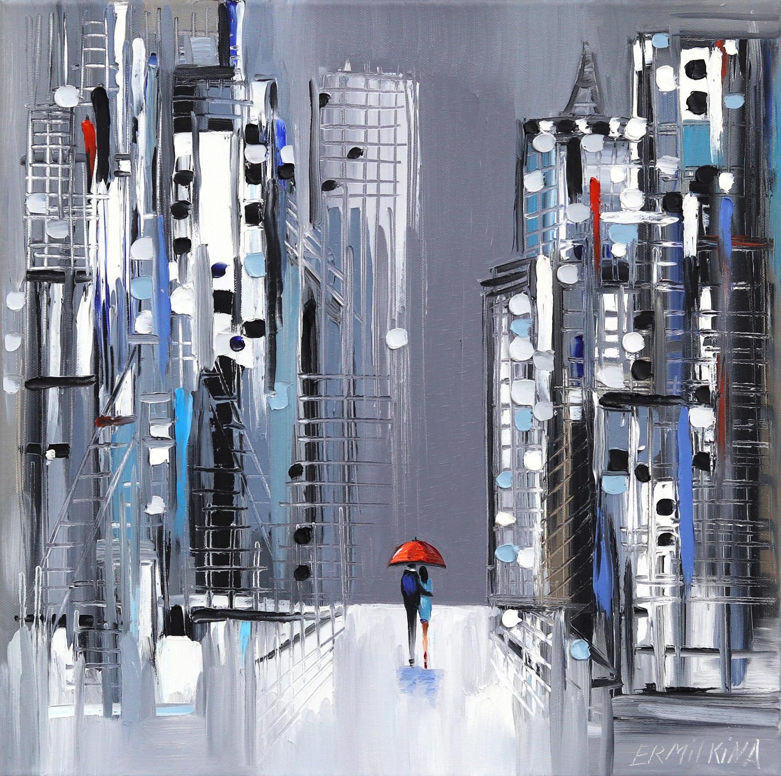 Lover's Date  - Original Oil Painting Couple with Umbrella in the City