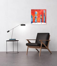 Night City - Colorful 24 inch Square Red and Blue City Original Oil Painting