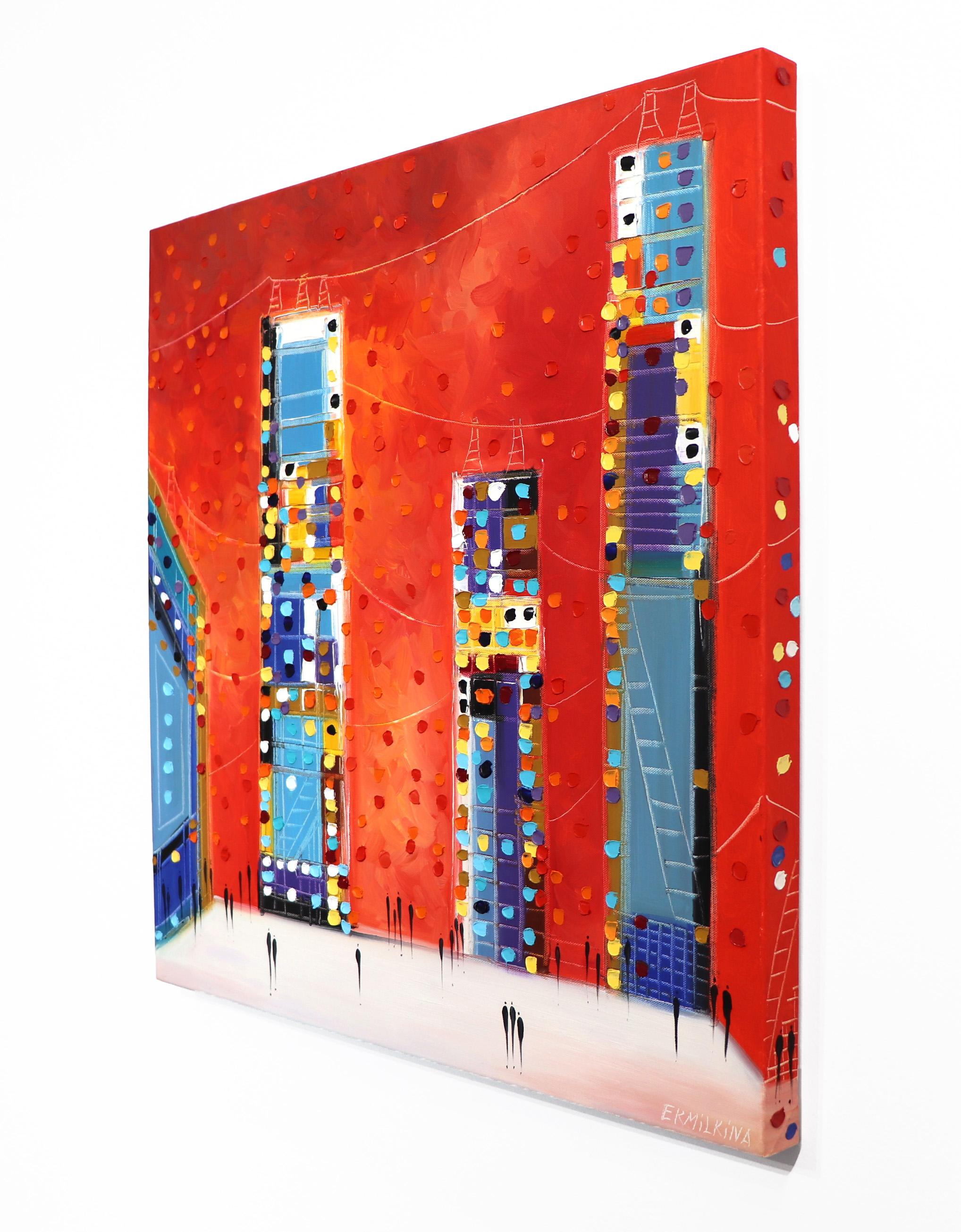 Città notturna - Pittura ad olio originale colorata - Abstract Painting Rosso di Ekaterina Ermilkina