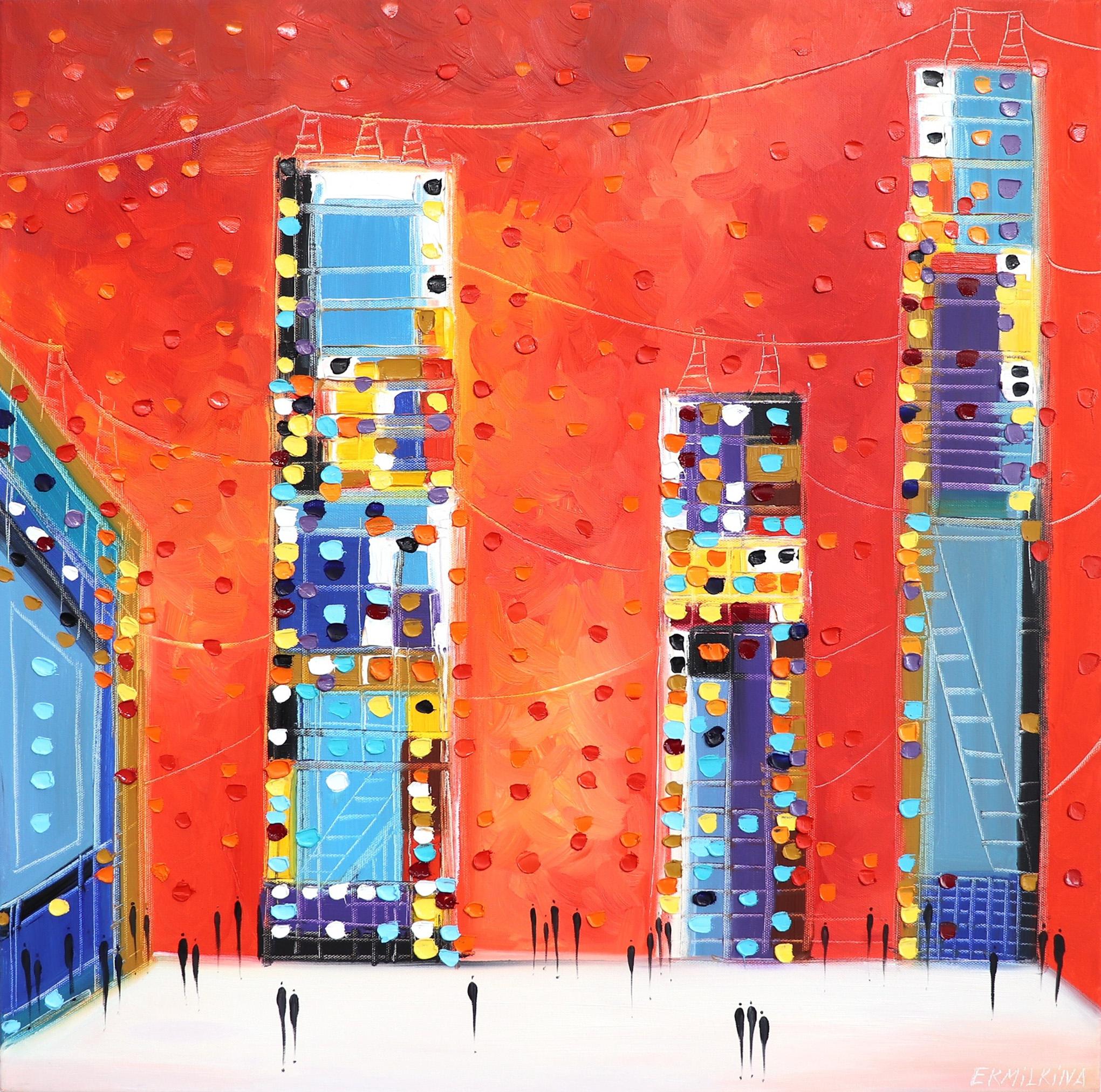 Ekaterina Ermilkina Abstract Painting - Night City - Colorful Original Oil Painting