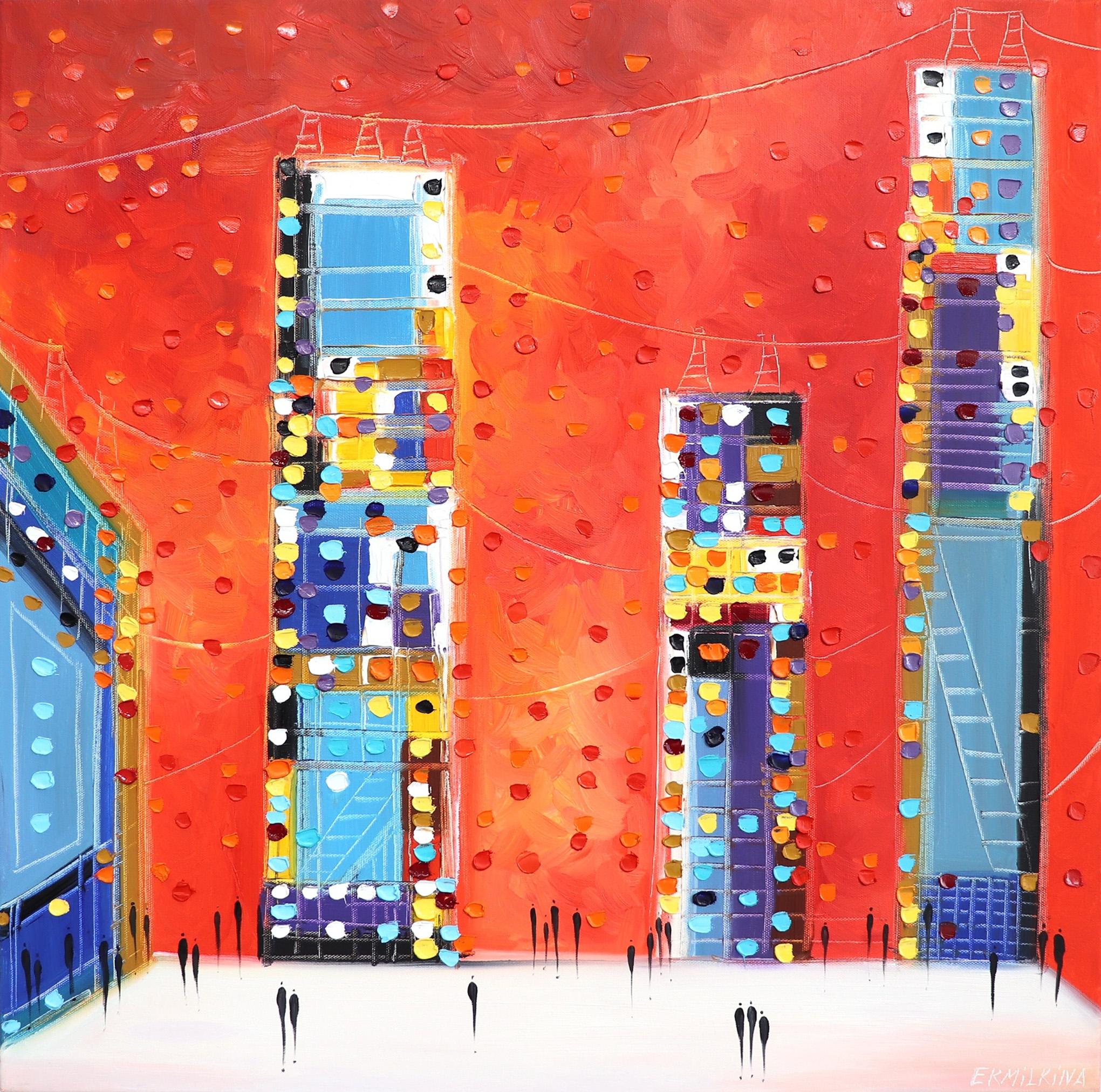 Abstract Painting di Ekaterina Ermilkina - Città notturna - Pittura ad olio originale colorata
