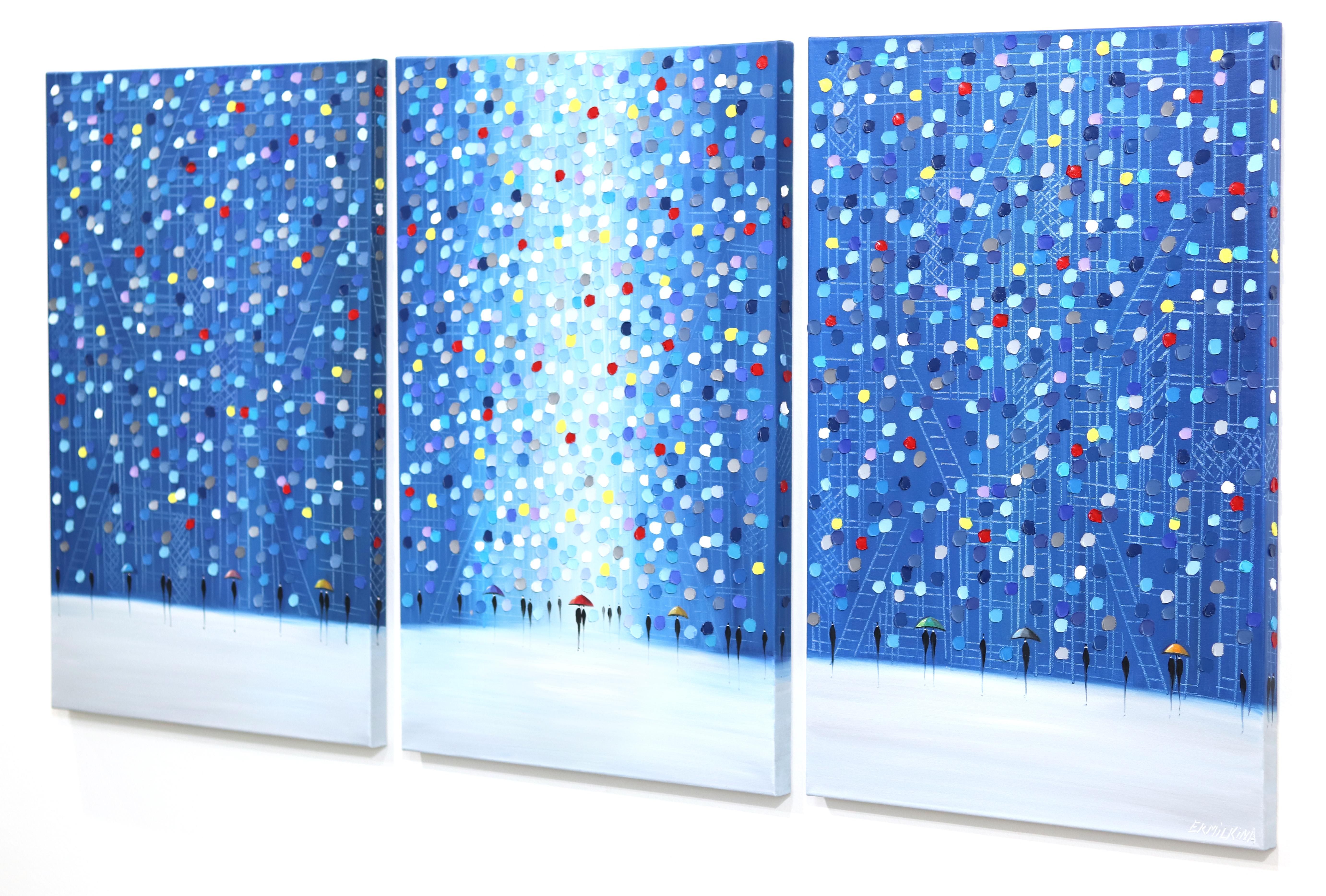 Night Out (Triptychon) - Figuratives blaues strukturiertes Impasto-Ölgemälde auf Leinwand (Blau), Landscape Painting, von Ekaterina Ermilkina