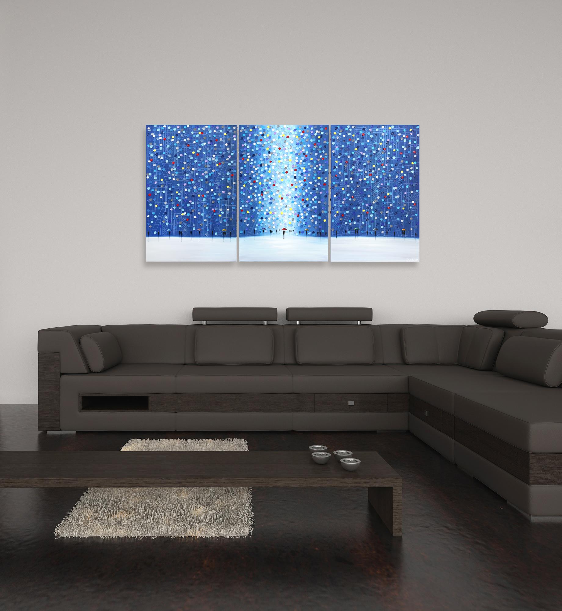 Night Out (Triptychon) - Figuratives blaues strukturiertes Impasto-Ölgemälde auf Leinwand im Angebot 2
