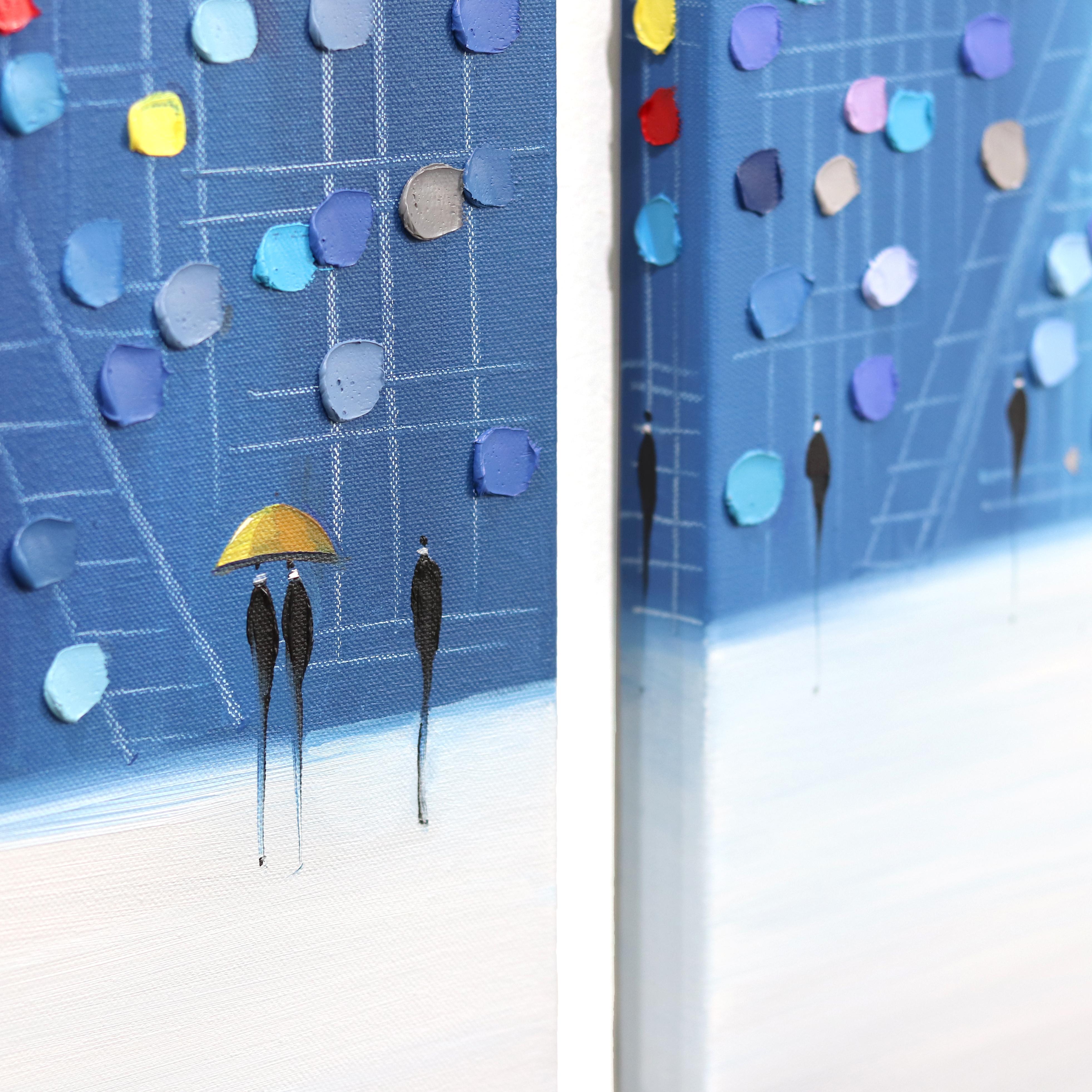 Night Out (Triptychon) - Figuratives blaues strukturiertes Impasto-Ölgemälde auf Leinwand im Angebot 4