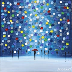 Nightfall - Pittura ad olio figurativa astratta a toni freddi, colorata e strutturata ad impasto