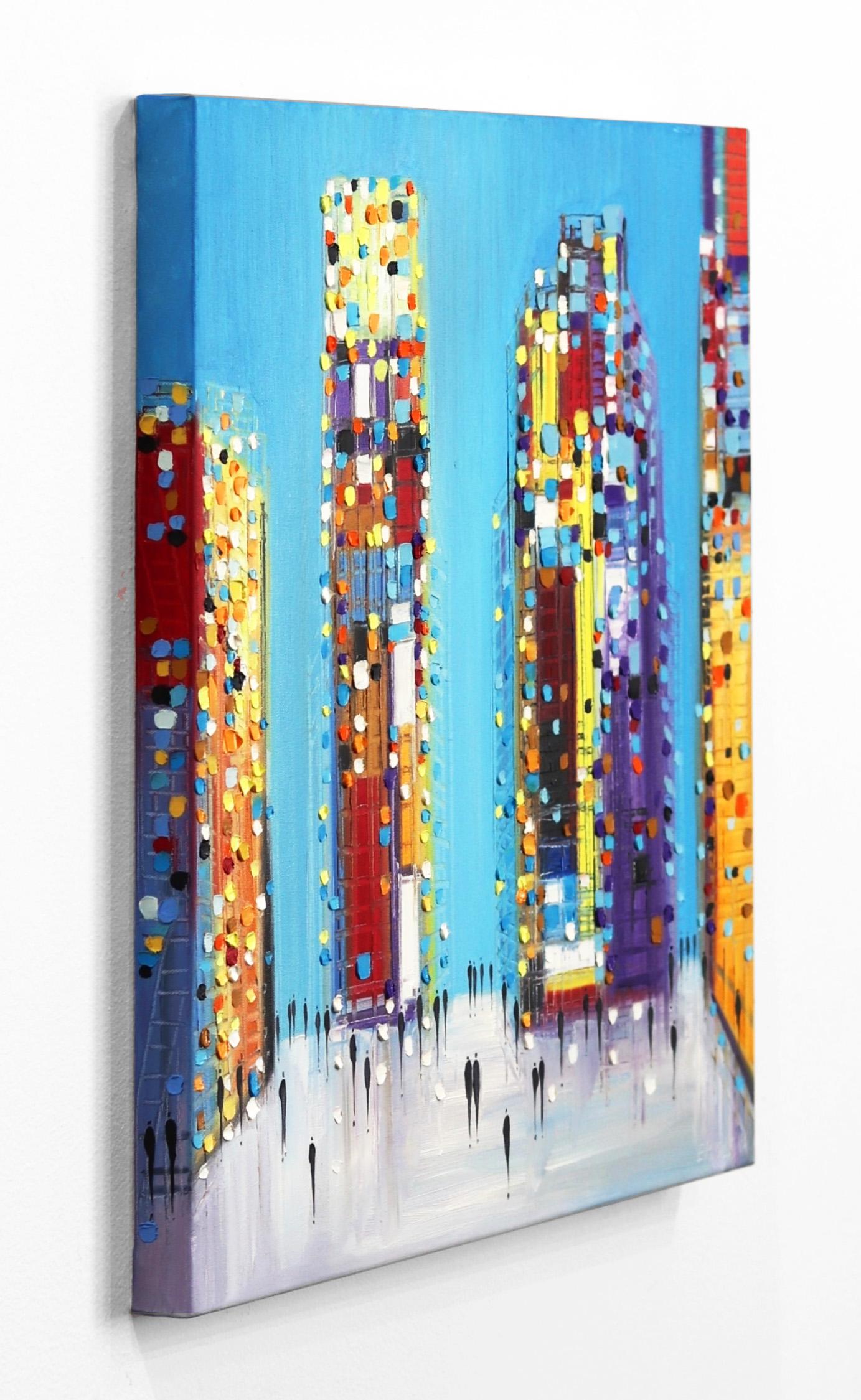 Einmal in der Stadt – Buntes Original-Ölgemälde (Blau), Landscape Painting, von Ekaterina Ermilkina