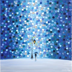 Una notte - Pittura originale ad impasto astratta figurativa di tonalità blu