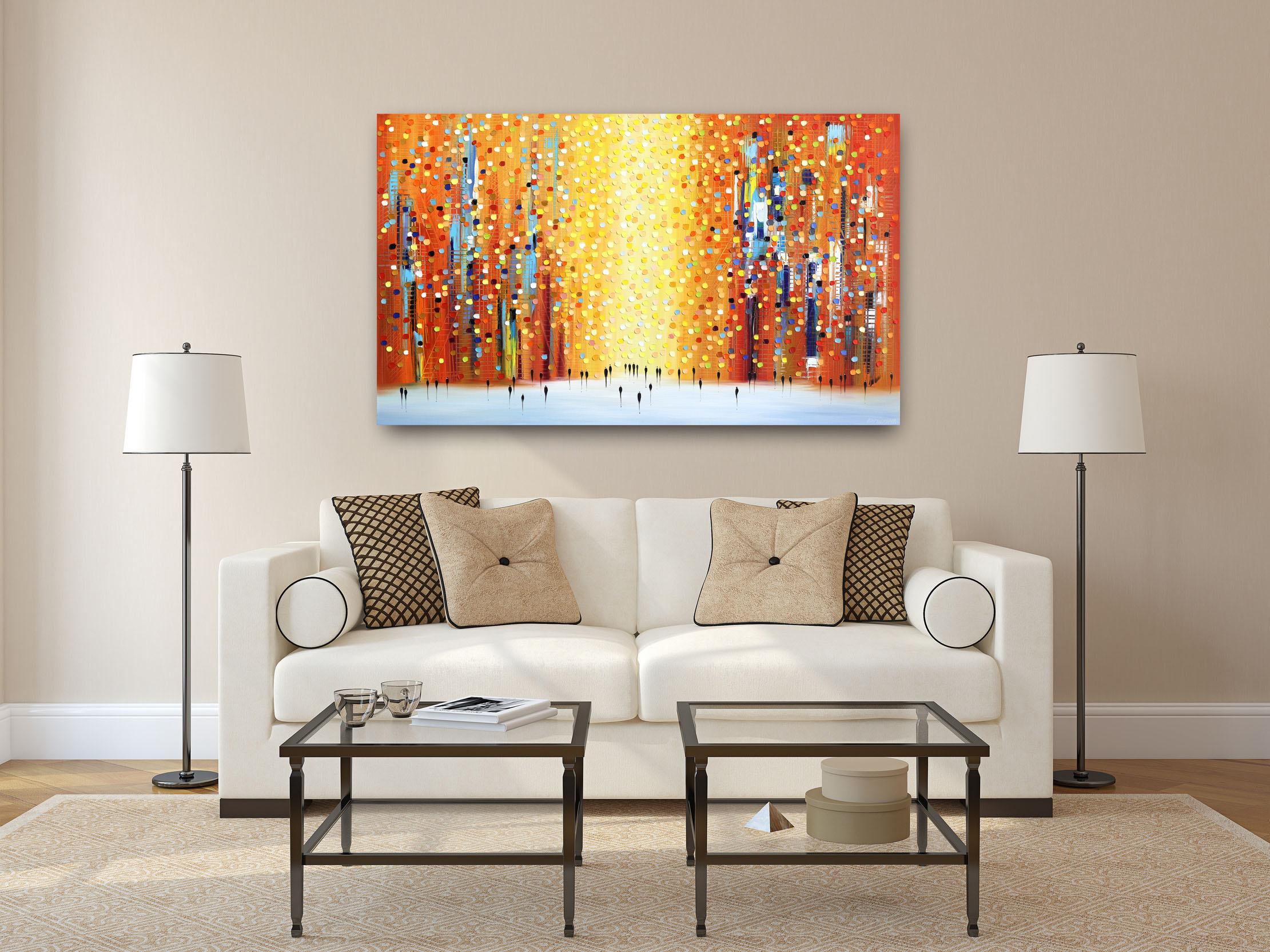 Orange Sunset Stroll - Original Colorful Vibrant Textural Abstract Oil Painting For Sale 4