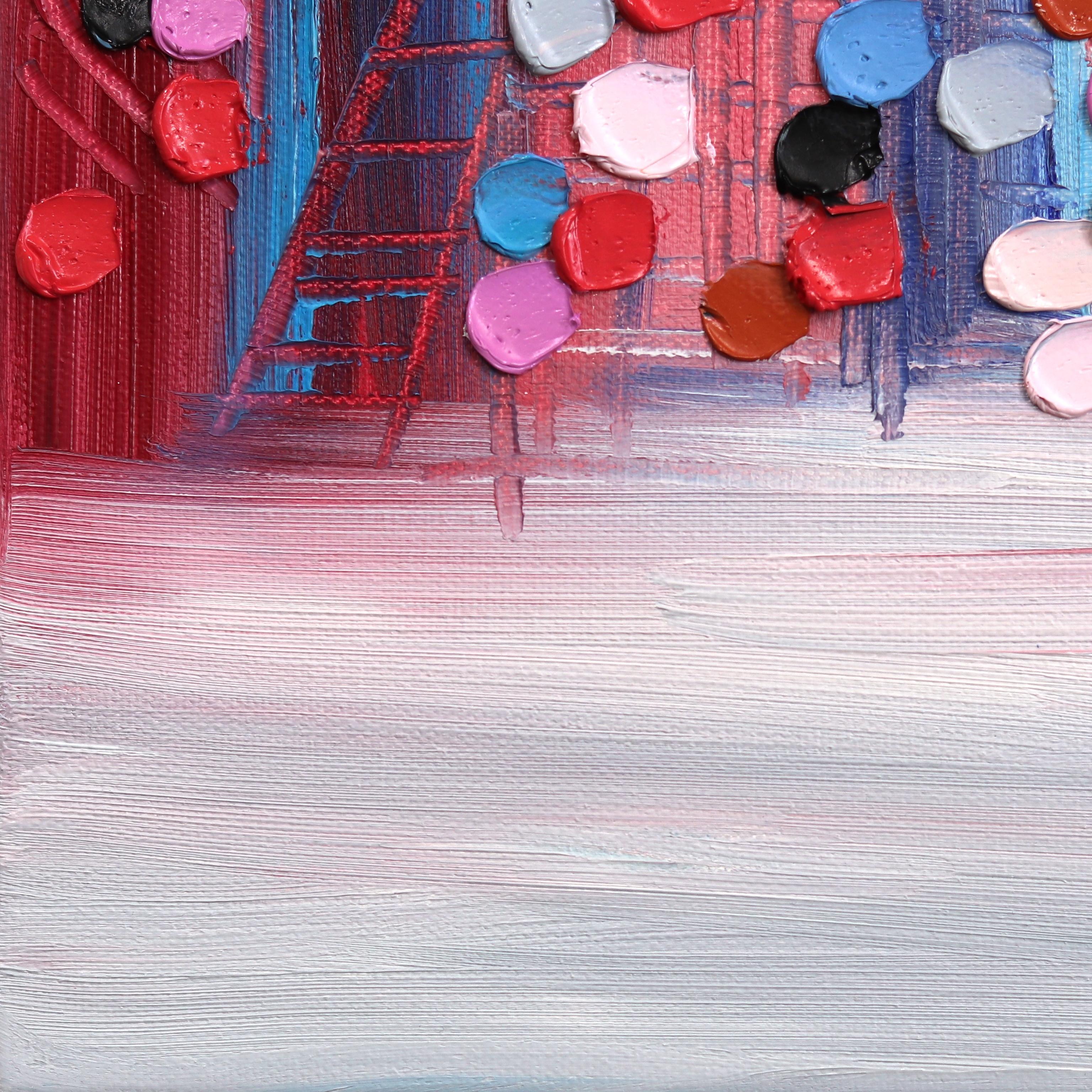 Pink Lullaby - Original Oil Painting Abstract City with Couple and Umbrella For Sale 5