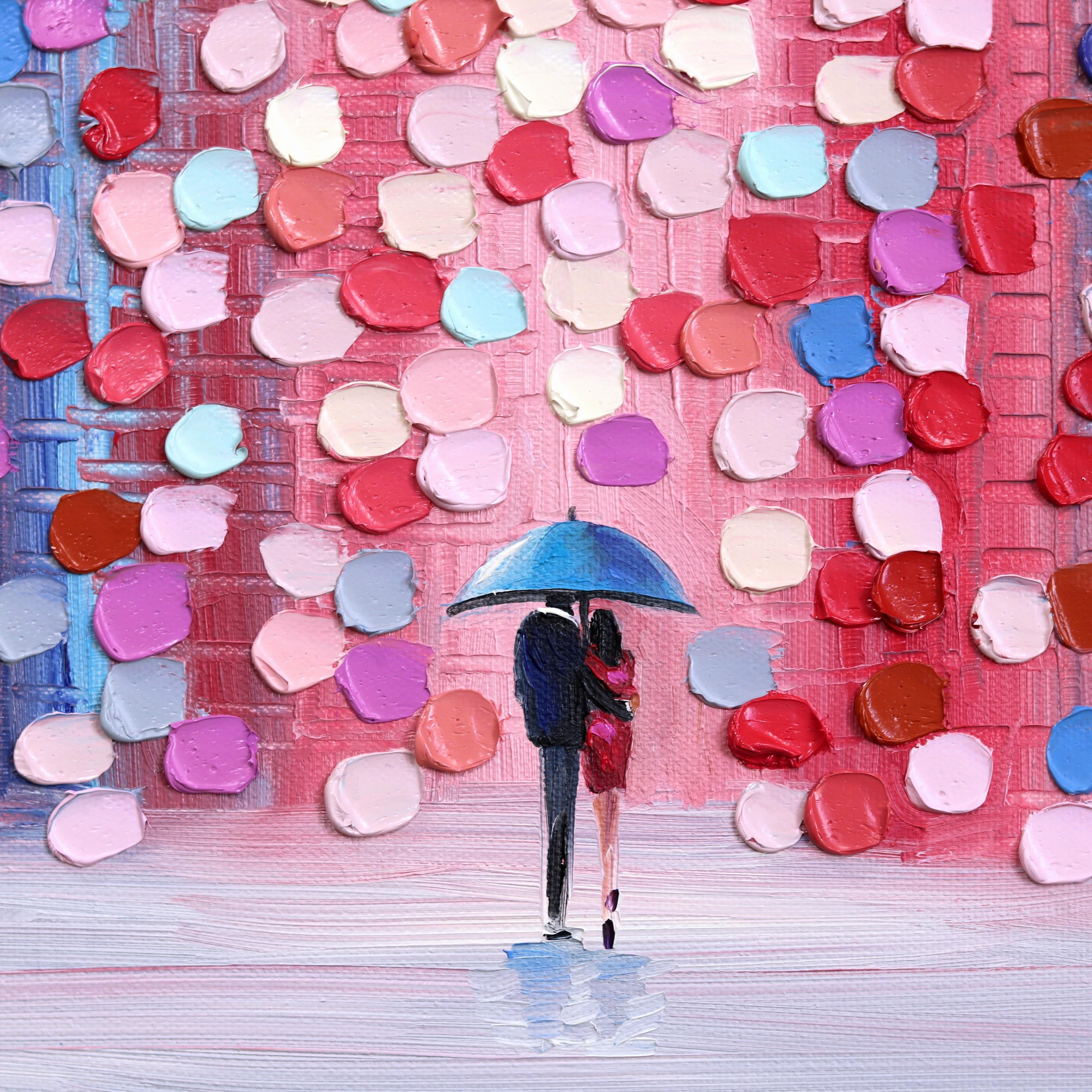 Pink Lullaby - Original Oil Painting Abstract City with Couple and Umbrella For Sale 6