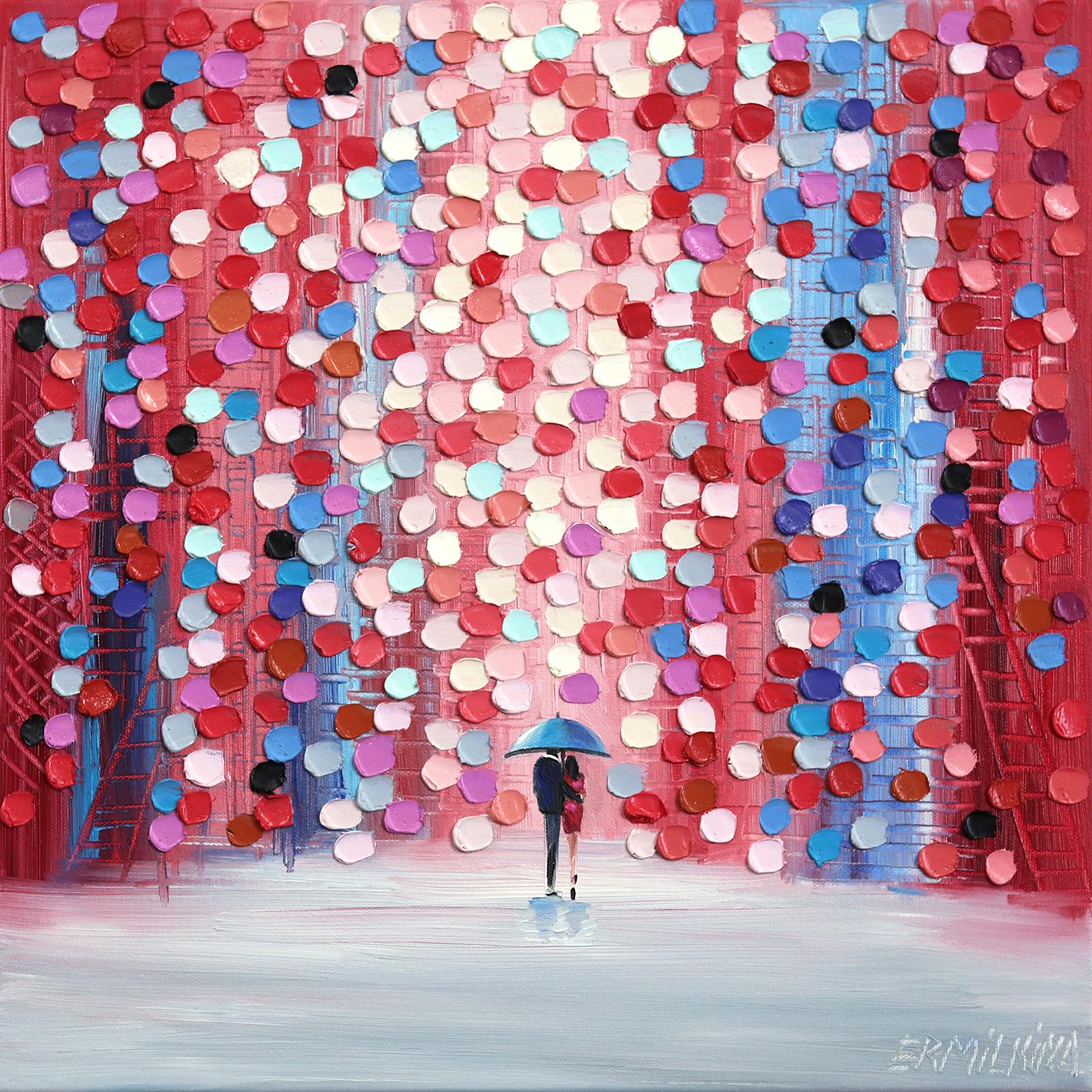 Ekaterina Ermilkina Abstract Painting - Pink Lullaby - Original Oil Painting Abstract City with Couple and Umbrella