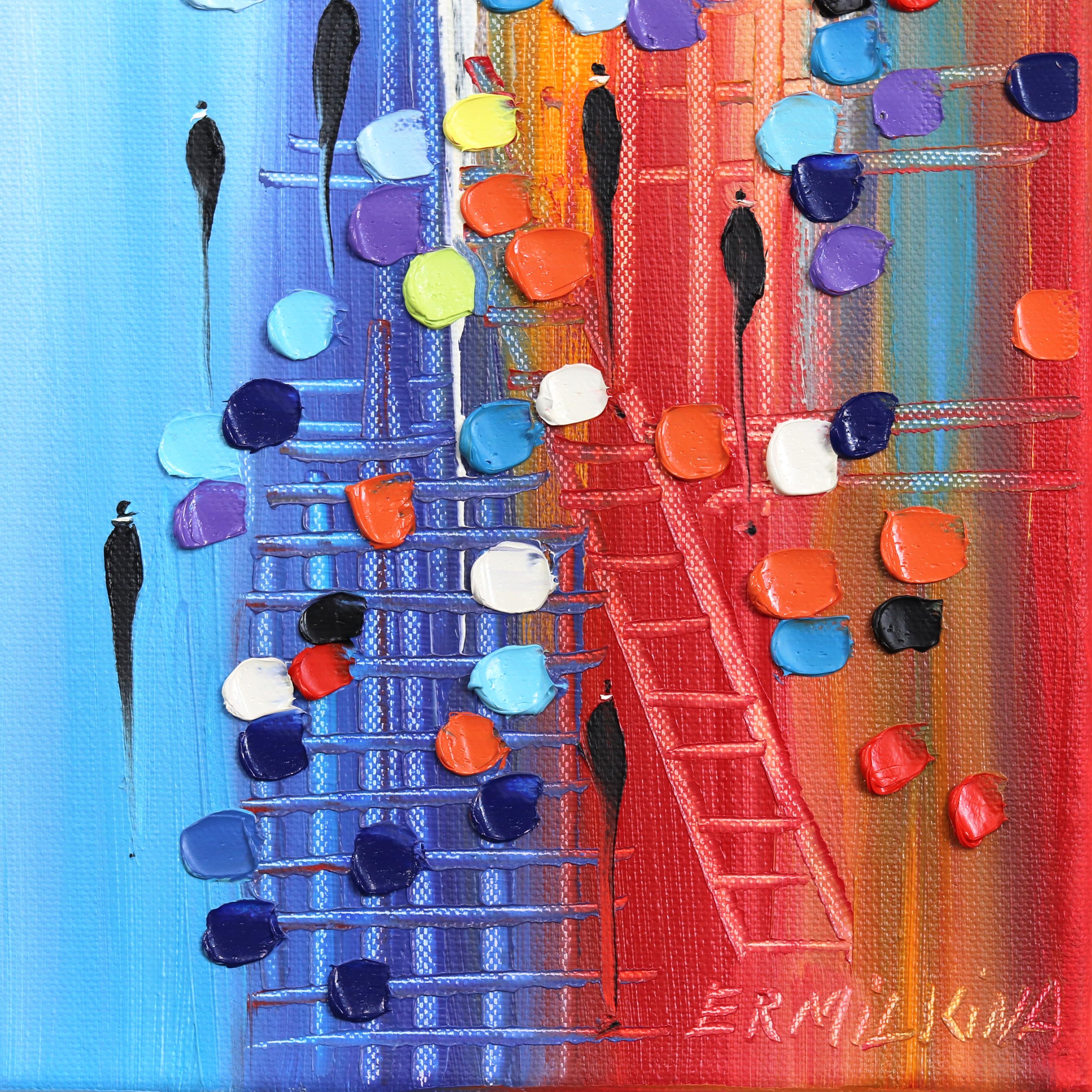Pulso de la Metrópolis - Pintura al óleo figurativa con textura Impasto de colores en venta 3