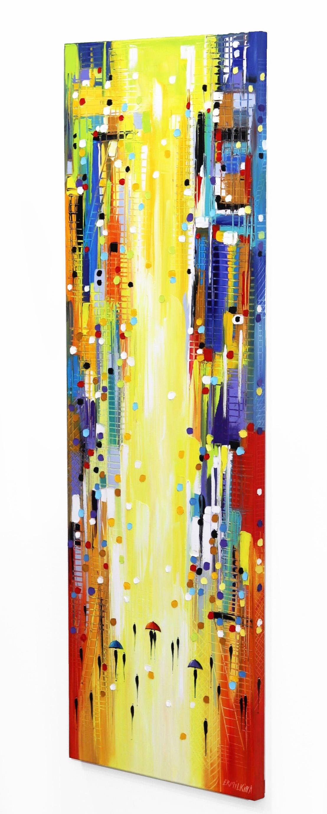 Rainy Hot Day - Tall Colorful Original Abstract Landscape Oil Painting For Sale 2