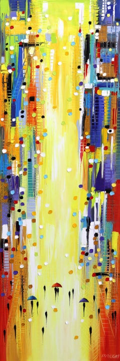 Rainy Hot Day - Tall Colorful Original Abstract Landscape Oil Painting