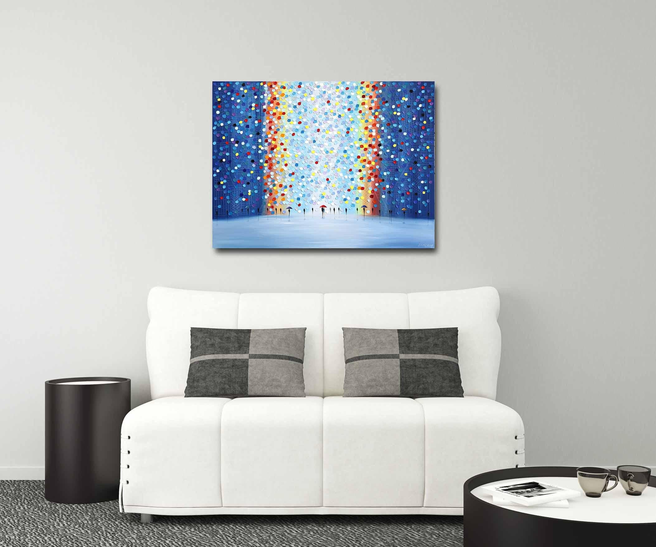 Rainy Nights - Figurative Textured Impasto Colorful Oil Painting on Canvas - Blue Abstract Painting by Ekaterina Ermilkina