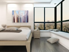 Skyline - Abstraktes, gedecktes, strukturiertes Impasto-Stadtbild, Ölgemälde in gedeckten Farben