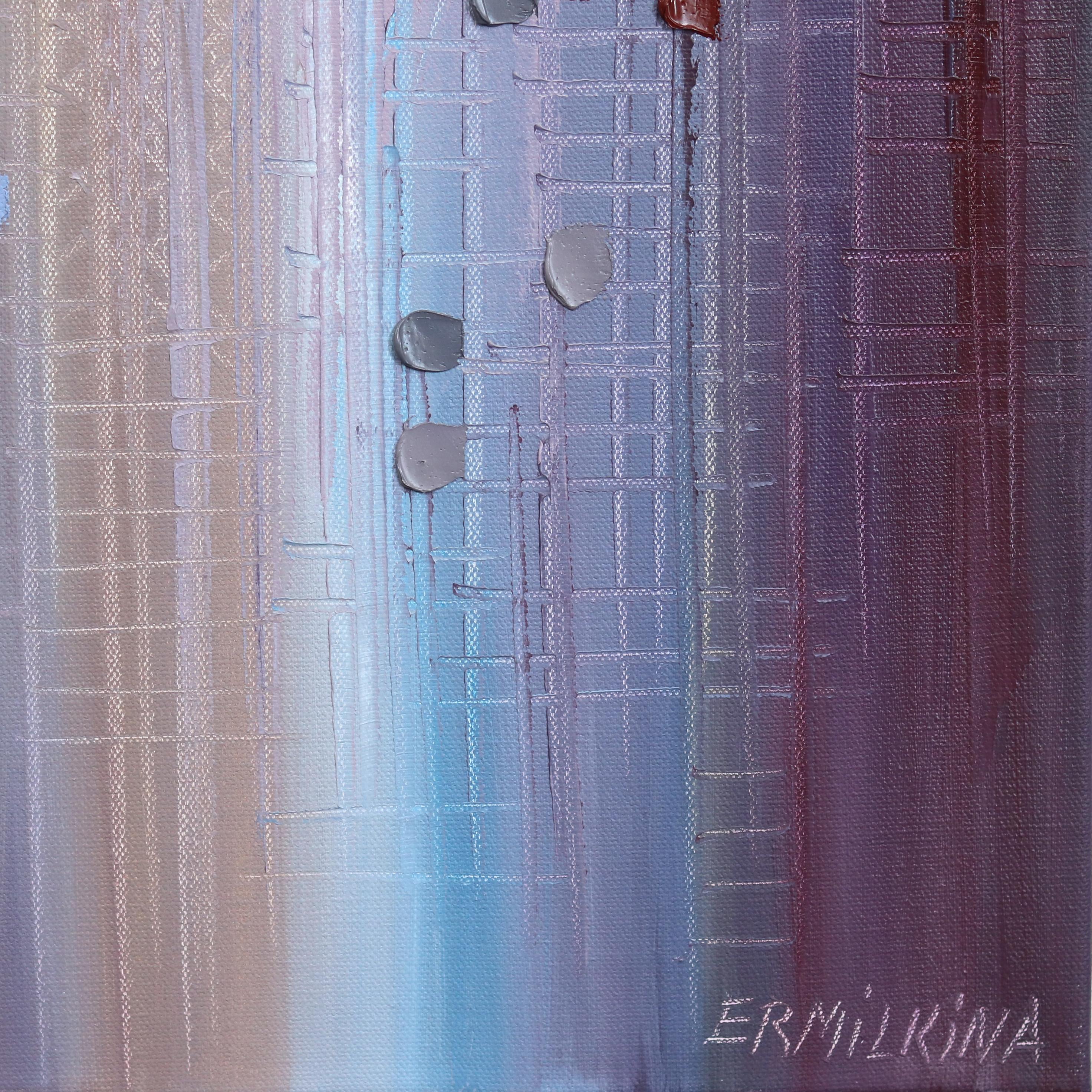 Skyline - Pittura ad olio astratta con colori tenui e texture ad impasto di paesaggi urbani in vendita 3