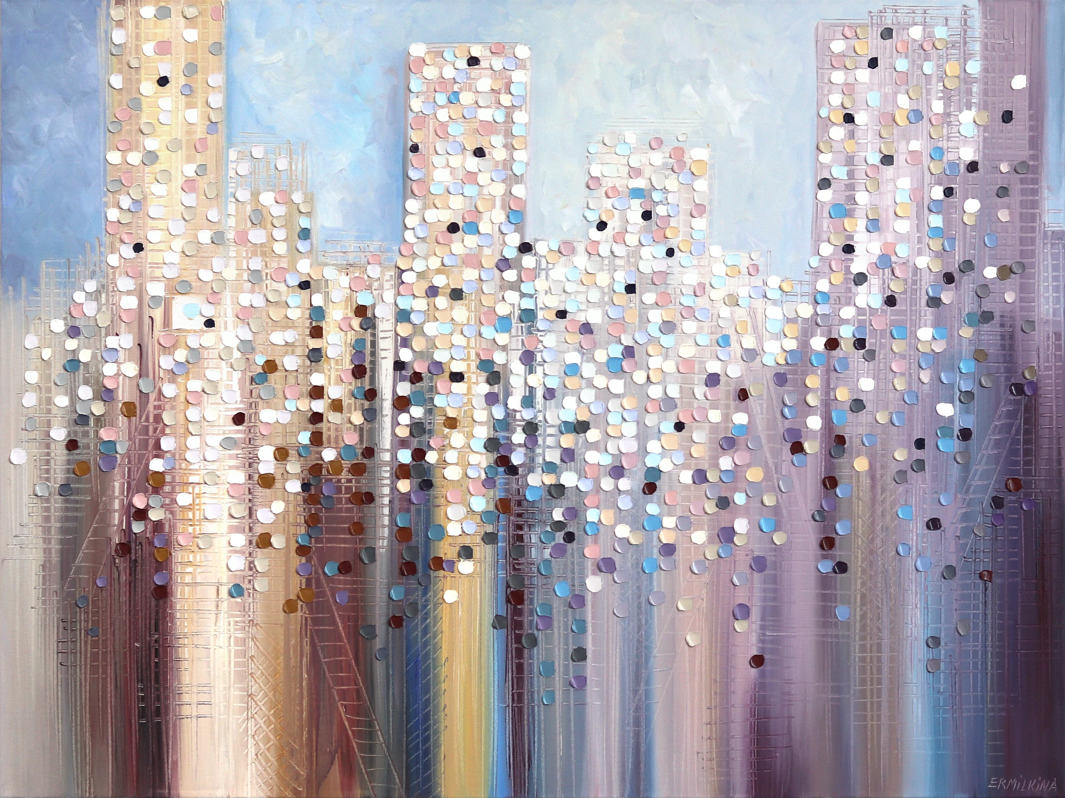 Landscape Painting di Ekaterina Ermilkina - Skyline - Pittura ad olio astratta con colori tenui e texture ad impasto di paesaggi urbani