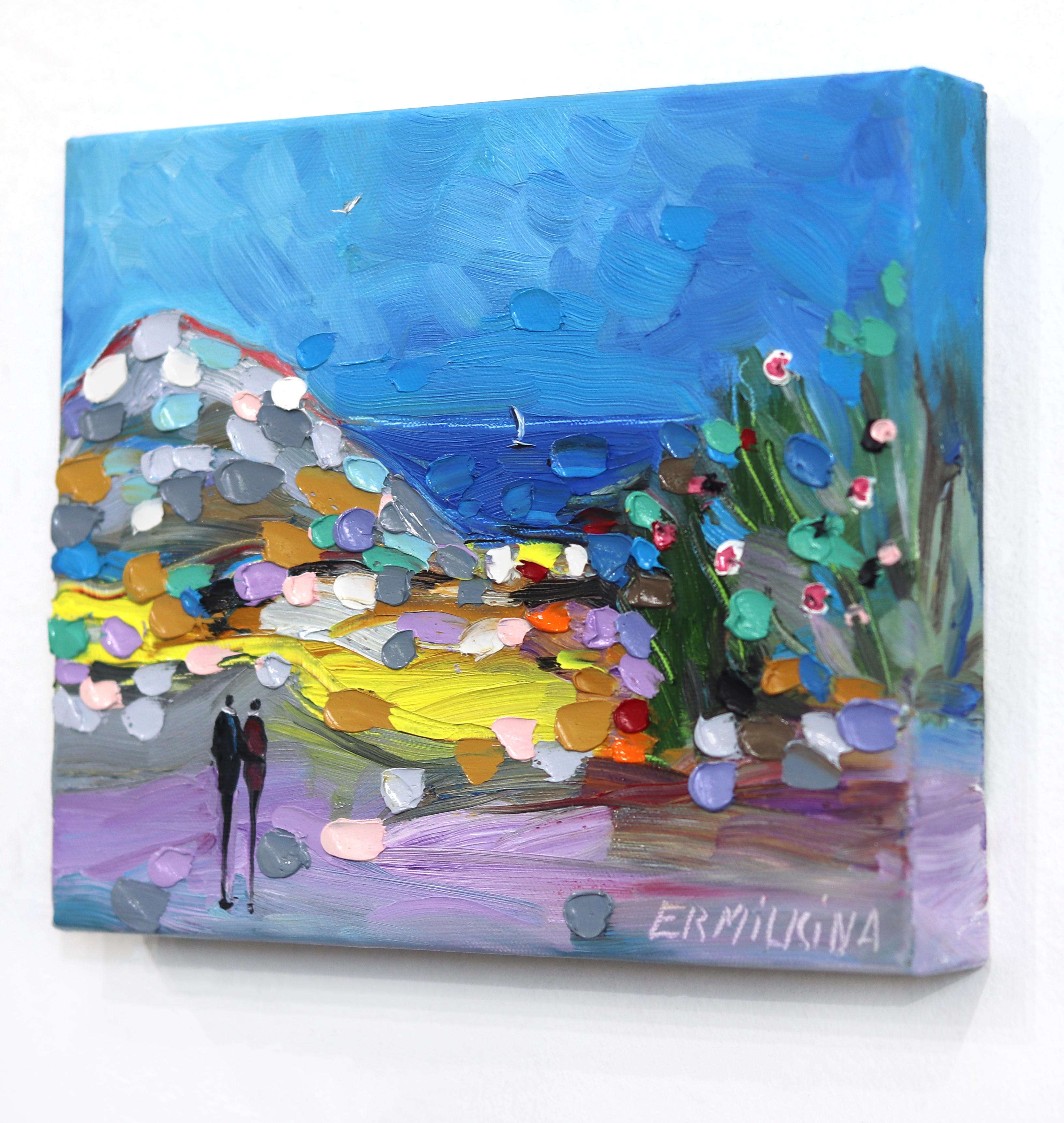 Estate - Piccolo dipinto ad olio colorato originale su tela con impasto - Abstract Painting Blu di Ekaterina Ermilkina