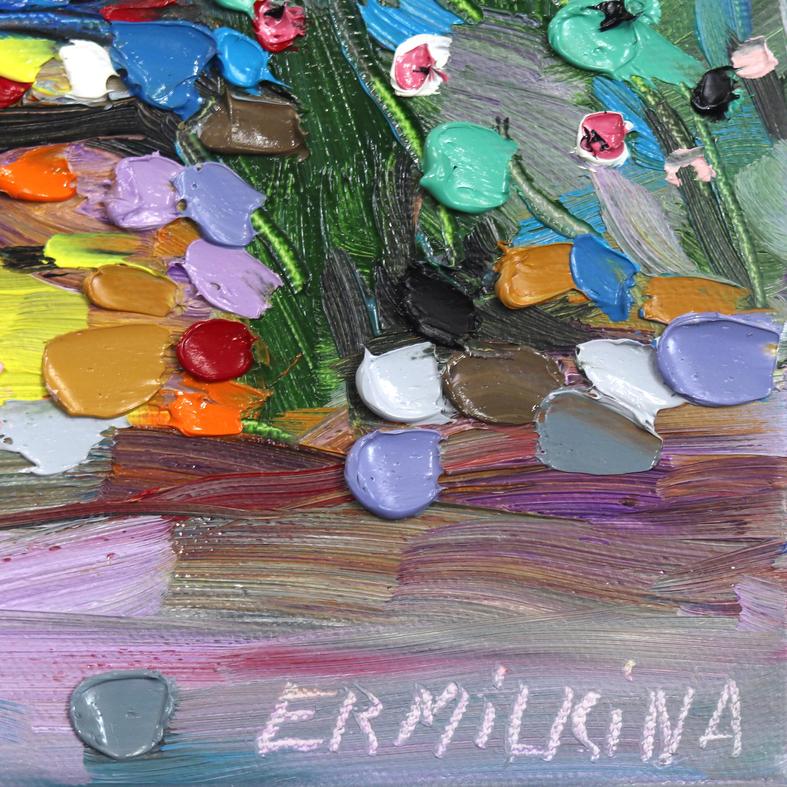 Estate - Piccolo dipinto ad olio colorato originale su tela con impasto in vendita 3