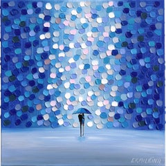 Two in the Blue Rain - Cool Tone Figurative Abstract Textured Impasto Painting