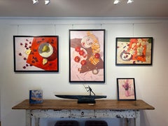 "Autumn Rhythms" pomegranate, seeds and orange striped cloth still life, kitchen