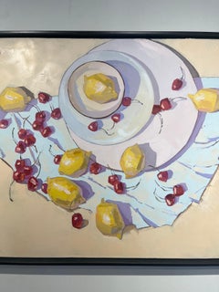 Circles Oil Painting, Contemporary Still-Life, Framed, lemons and cherries, aqua