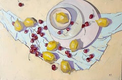Circles Oil Painting, Contemporary Still-Life, Framed, lemons and cherries, aqua