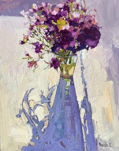 "Good Morning" purple flowers in a glass vase cast a shadow on the table, floral