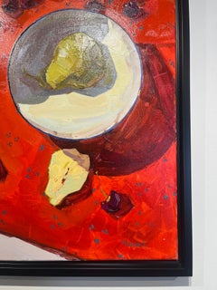 "Pears and Red" still life, green pears, summer cherries, red cloth, shadows