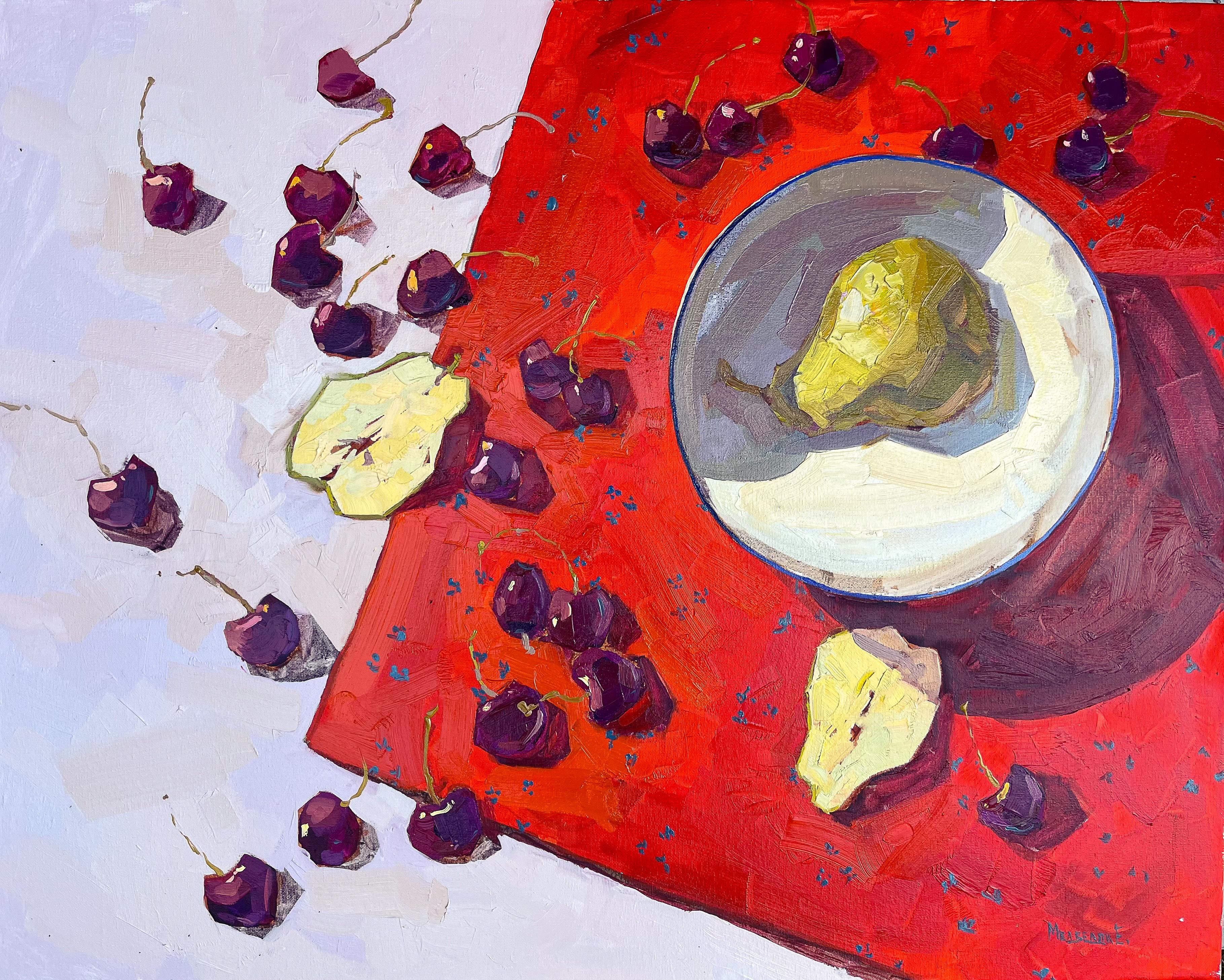 Ekaterina Medvedok Still-Life Painting - "Pears and Red" still life, green pears, summer cherries, red cloth, shadows