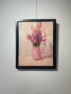 "Pink Jar" soft blush, light shines on a pink jar of fresh cut blossoms, floral