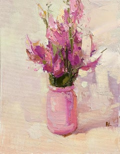 "Pink Jar" soft blush, light shines on a pink jar of fresh cut blossoms, floral