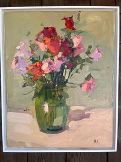 "Rose", natura morta, vaso di vetro, fiori rosa e rossi, composizione floreale, olio