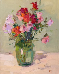 "Roses" still life, glass vase, pink and red blossoms, floral arrangement, oil