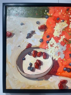 "Sunlit Breakfast" still life picnic, cherries, vibrant light and shadows