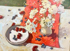 "Sunlit Breakfast" still life picnic, cherries, vibrant light and shadows
