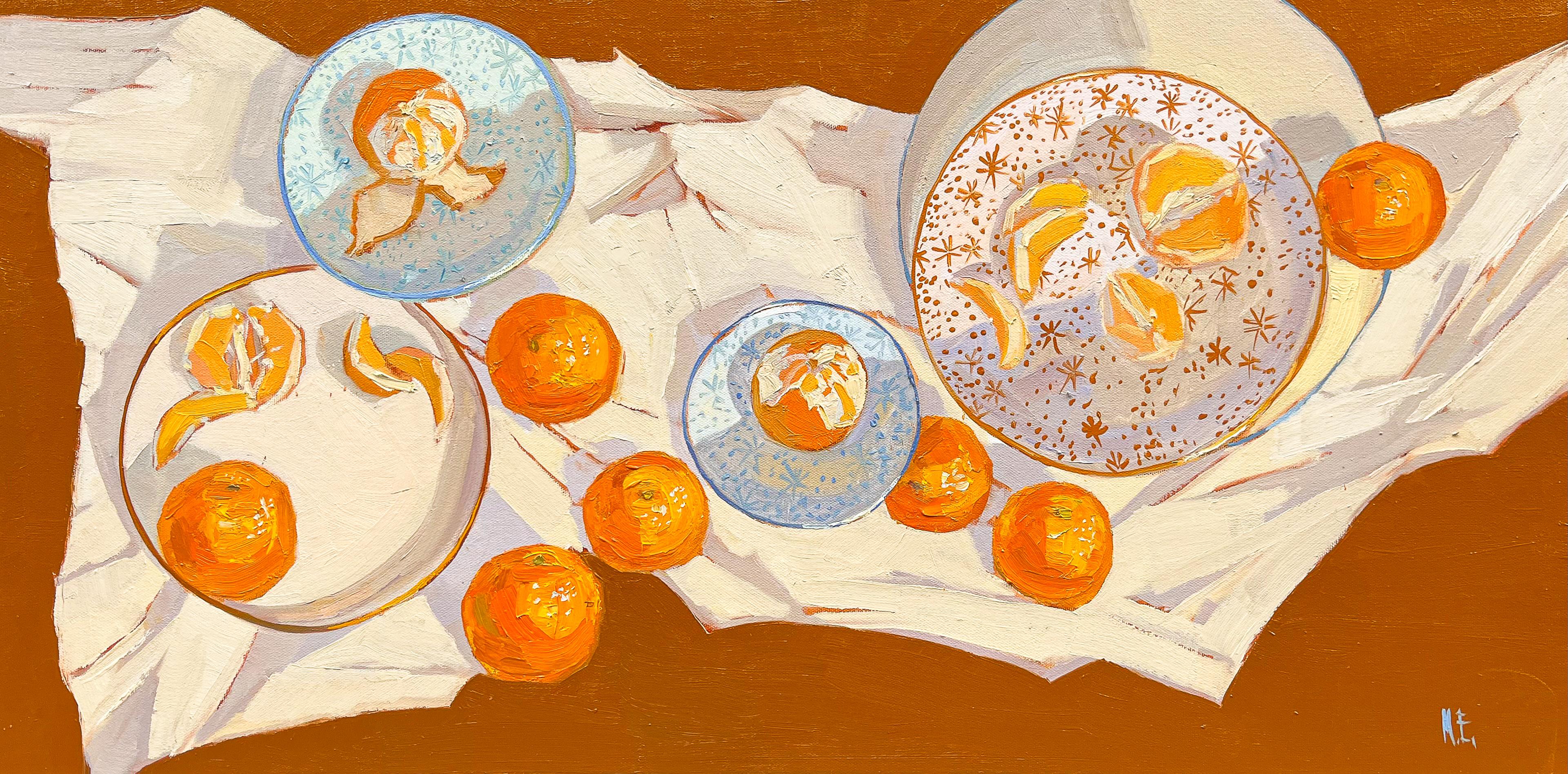 "Invierno cálido", pelado de naranja en curso, desayuno a la luz de la mañana
