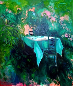 Una mesa para mí, Gran óleo texturado, paleta brillante con flora y flores