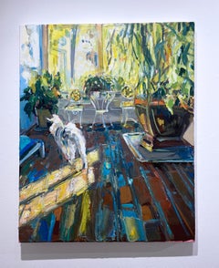 Baño de sol (2023) óleo sobre lienzo, interiores impresionistas, perro y plantas