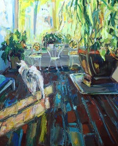 Peinture à l'huile sur toile « Bathing in Sunlight » (2023), intérieurs impressionnistes, chien et plantes