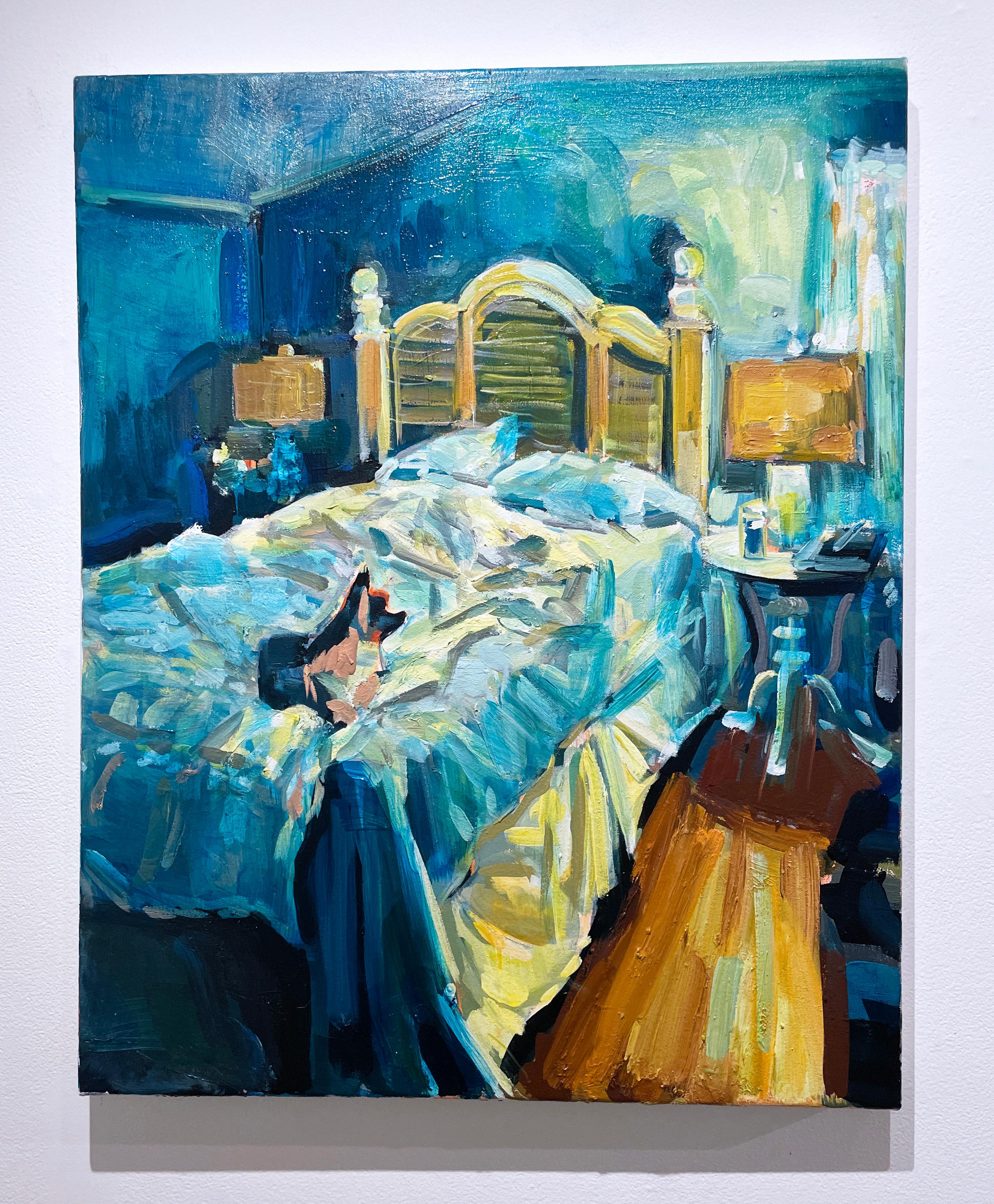 Bedtime At The Beach House (2023) oil on canvas, impressionist interiors, bed - Painting by Ekaterina Popova