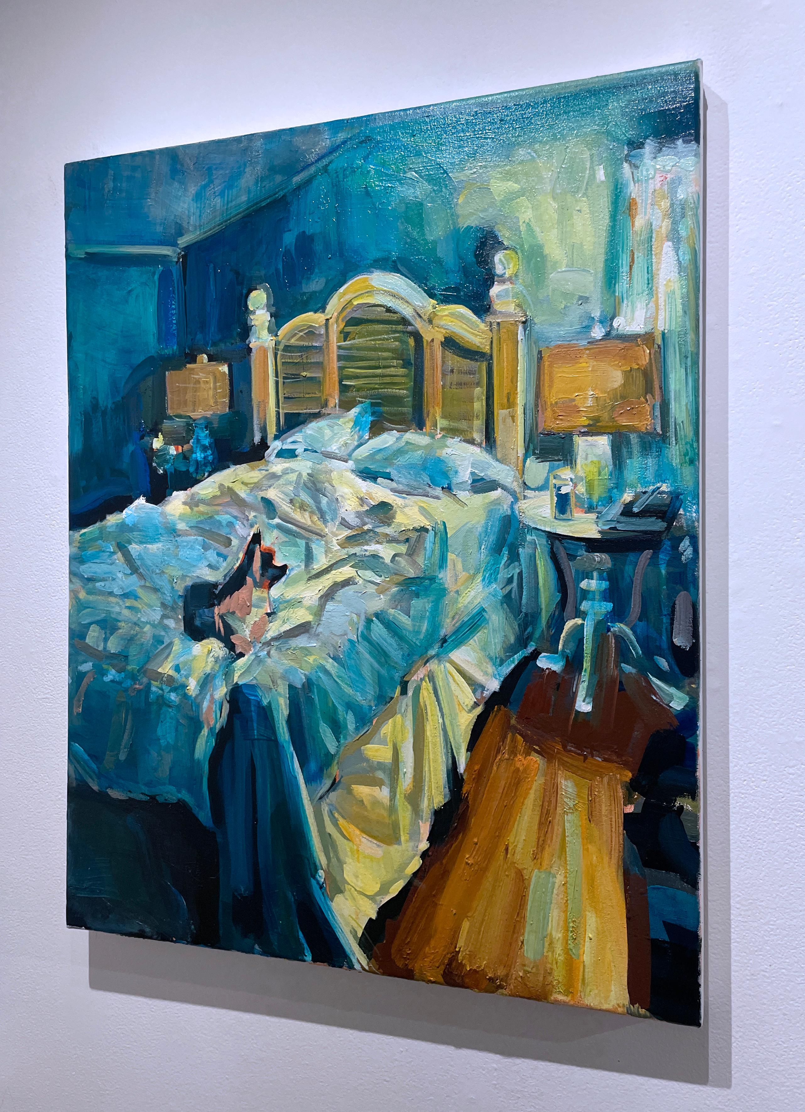 Littime At The Beach House (2023) huile sur toile, intérieurs impressionnistes, lit - Bleu Still-Life Painting par Ekaterina Popova